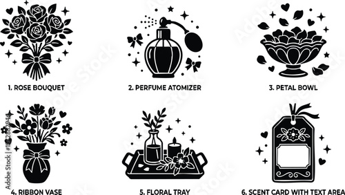 Black and white floral tray with bottle candle and flower beside vintage perfume atomizer and rose bouquet vector art