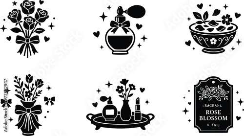 Black and white rose blossom fragrance bottle makeup tray and floral bowl vector art