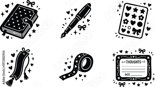 Black and white hearts journal pen stickers bookmarks label vector art