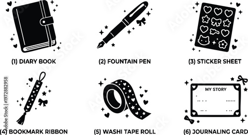 Black and white diary book fountain pen sticker sheet washi tape roll bookmark ribbon journaling card icons
