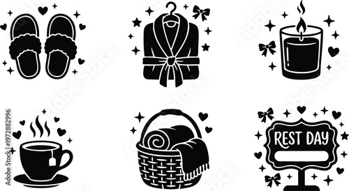 Black and white rest day icons with slippers robe candle tea and blanket basket
