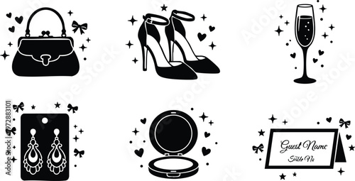 Handbag high heels champagne glass earrings compact and guest name card
