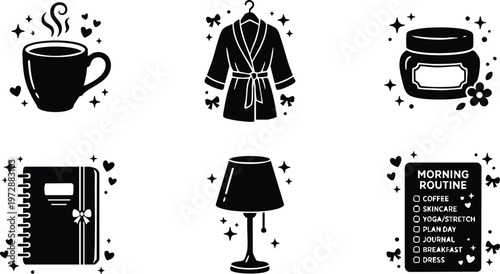 Black and white morning routine checklist with coffee journal lamp and bathrobe icons