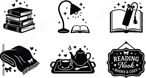 Black and white cozy reading nook books tea and blanket vector art icons