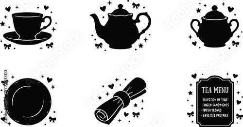 Black and white tea set cup teapot sugar bowl plate rolled napkin and tea menu flat vector art