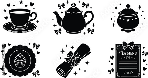Black and white tea cup teapot sugar bowl cupcake menu and scroll vector art