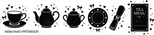 Black and white tea set cup teapot sugar bowl plate scroll and tea menu vector art