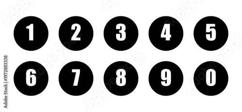Set of Black Circular Icons with White Numbers 0-9