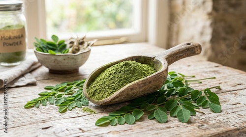 Moringa Powder in Wooden Scoop with Fresh Leaves on Rustic Table