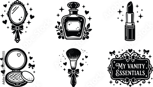 Black and white vintage makeup mirror perfume lipstick powder brush with my vanity essentials text