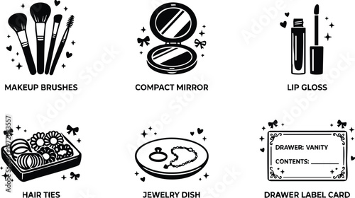 Black and white makeup brushes compact mirror lip gloss hair ties jewelry dish drawer label card vector art