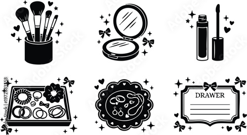 Black and white beauty makeup brush compact mirror organizer flat vector art