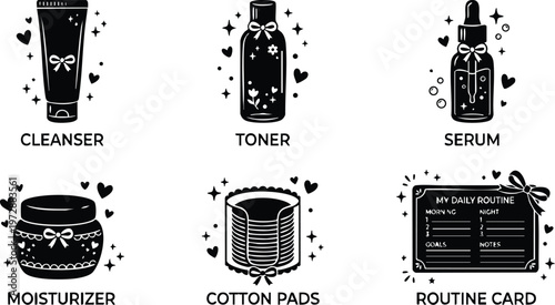 Black and white line art skincare bottles and routine card with decorative hearts