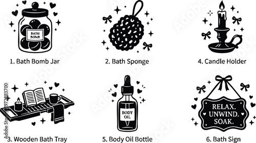 Black and white relaxing bath spa items line art with bath bomb jar candle and oil bottle