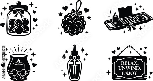 Black and white spa icons including jar of bath bombs loofah candle aroma oil and relax sign