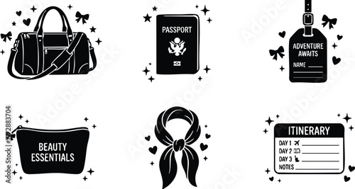 Black and white travel items with passport beauty bag and itinerary vector art