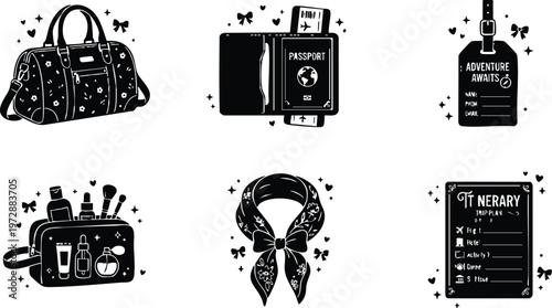 Black and white travel essentials including duffel bag passport and trip plan list vector art