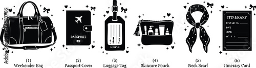 Black and white travel essentials weekender bag passport cover luggage tag skincare pouch neck scarf itinerary card vector art