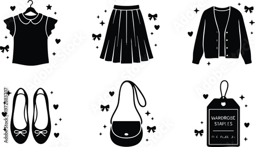 Wardrobe staples blouse skirt cardigan shoes handbag and tag