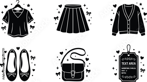 Black and white flat design fashion icons including blouse skirt cardigan shoes handbag and tag