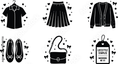 Shirt skirt cardigan shoes handbag and lifestyle staples tag