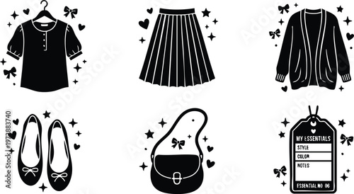 Black and white flat design clothes essentials icons with blouse skirt cardigan shoes handbag and tag
