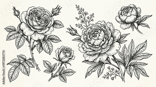 Detailed black and white floral illustration of blooming roses and peonies with leaves on cream background