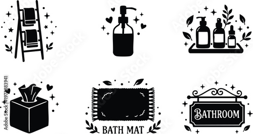 Black and white bath mat tissue box soap dispenser ladder and bathroom sign vector art