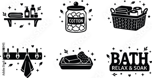 Black and white bath relax and soak text with soap and towel icons
