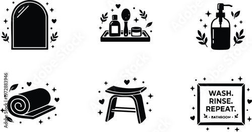 Black and white bathroom spa icons with wash rinse repeat sign and towel