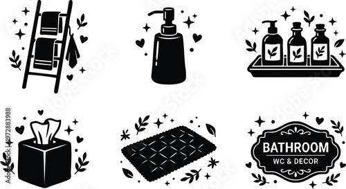 Black and white bathroom accessories set with towels soap dispenser and bath mat vector art