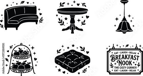 Black and white breakfast nook sign with cozy corner table lamp sofa and cushion vector art