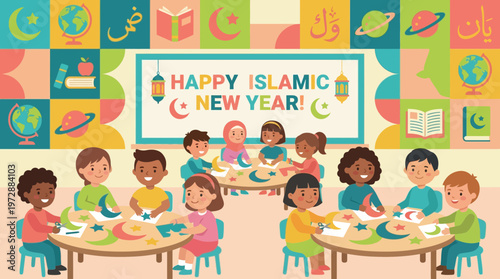 Happy Islamic New Year Classroom Celebration with Diverse Children