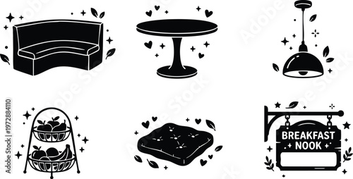 Black and white breakfast nook sign table cushioned seat pendant light vector art