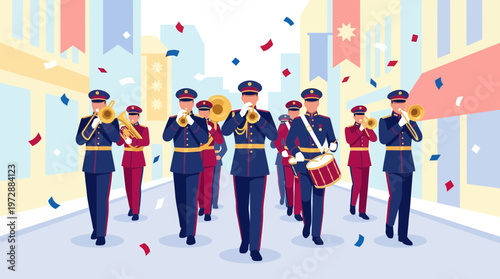 Festive Military Marching Band Playing Brass Instruments in Parade