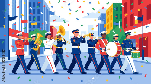 Flat Illustration of a Marching Band Parade in the City