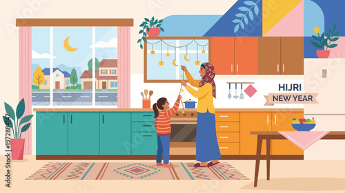 Muslim Family Decorating Kitchen for Hijri New Year Illustration