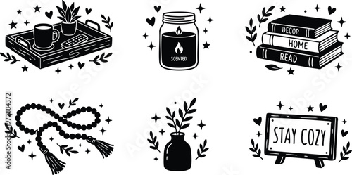 Black and white cozy home decor words stay cozy read decor scented candle and tray vector art