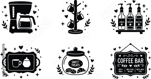 Black and white coffee bar icon set with coffee machine mugs sweet treats and syrup bottles