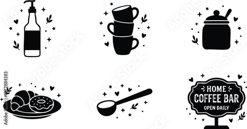 Black and white cups sugar jar croissant and donut coffee spoon with home coffee bar sign vector art