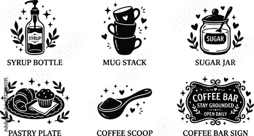 Black and white coffee bar sign with syrup bottle mug stack sugar jar and pastry plate vector art