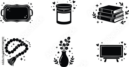 Black and white mystical flat design icons with tray candle books beads vase and board