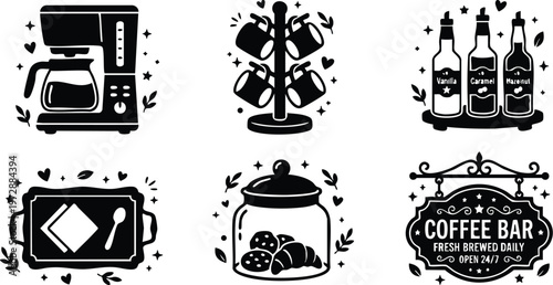 Black and white coffee maker mugs syrup bottles and bakery items vector art set
