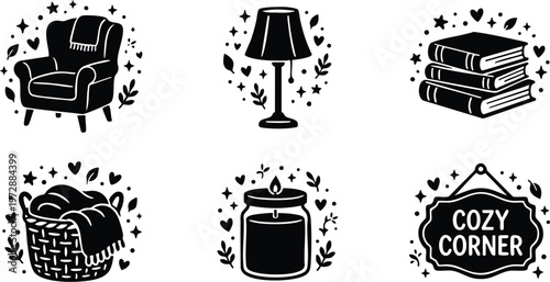 Black and white cozy corner decor set with armchair blanket lamp candle and books