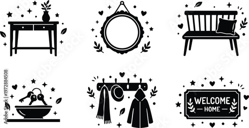 Black and white welcome home sign mirror bench and coat rack vector art