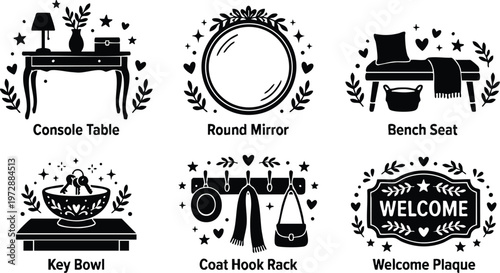 Black and white vintage style welcome plaque console table mirror bench seat key bowl coat hook rack