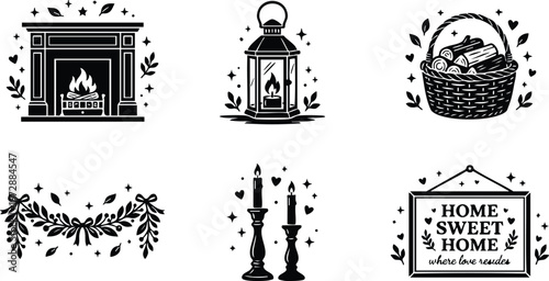 Black and white home sweet home sign with fireplace lantern basket and candles vector art