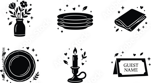 Black and white wedding table setting icons with candle vase and guest name card