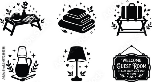 Black and white guest room welcome sign with bedside table lamp towels suitcase and tray vector art