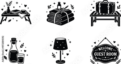 Black and white welcome guest room sign with towels lamp and suitcase vector art